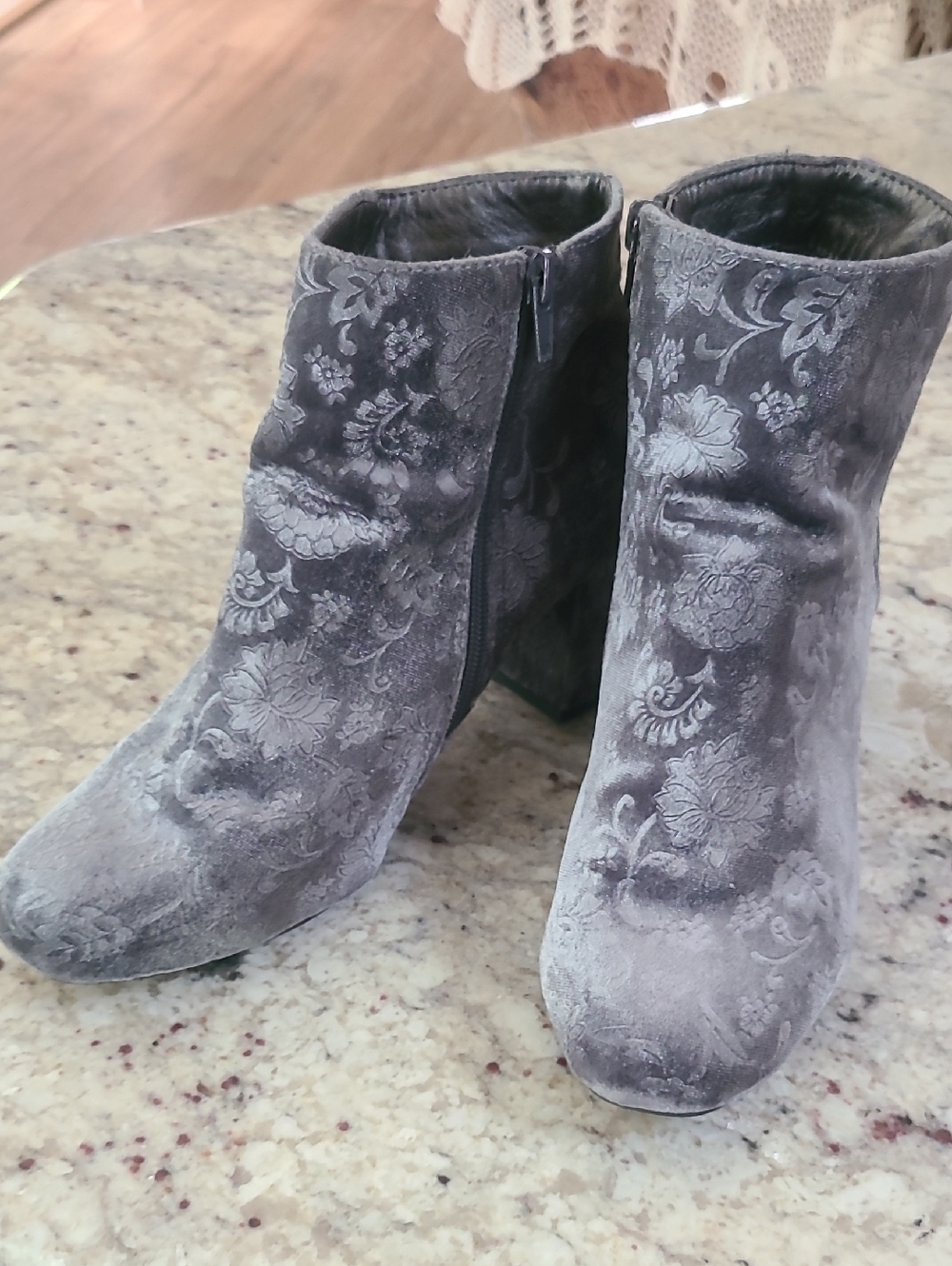 Diba Gray Velvet Floral Embossed Ankle Booties